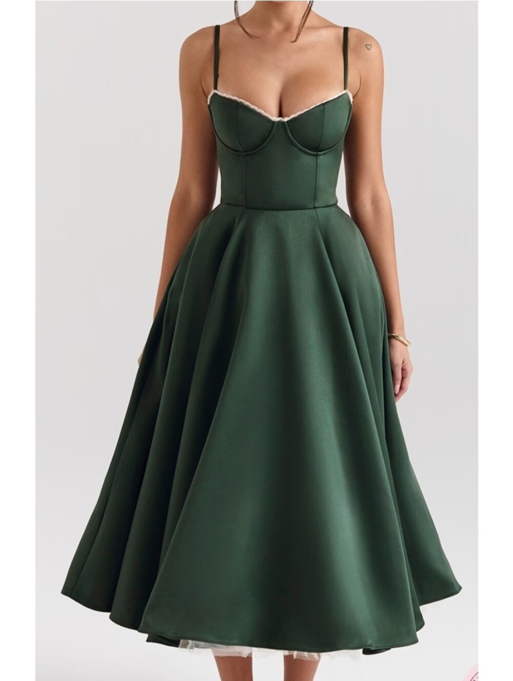 New With Tags! House of CB Mademoiselle Forest Green Satin Tulle Midi Dress